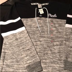 PINK Victoria's Secret NWT Small Varsity pullover. Black. Grey. White.